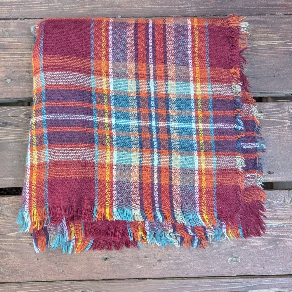 Big Plaid Scarf Wrap by alt'rd state Wine Orange and Blue